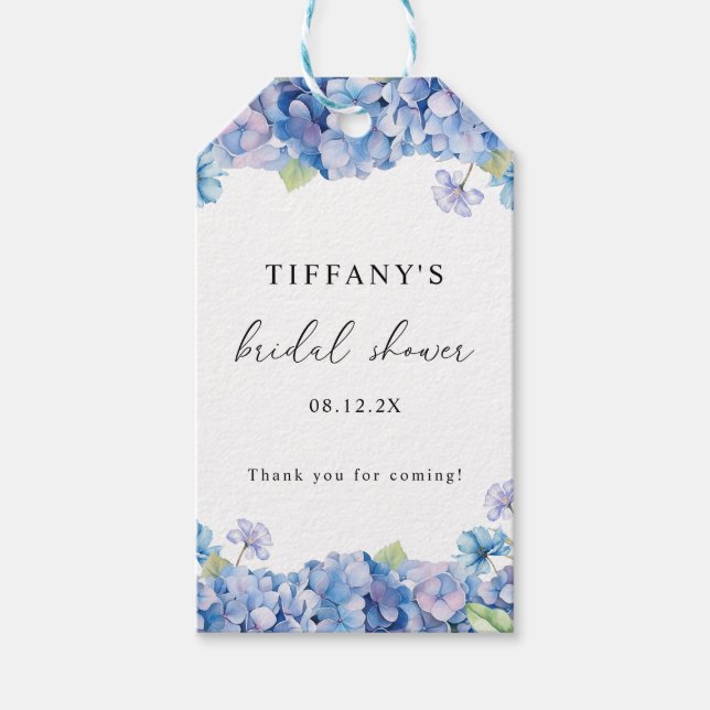 Blue Hydrangea Floral Bridal Shower Tack Presentetikett (Framsidan)