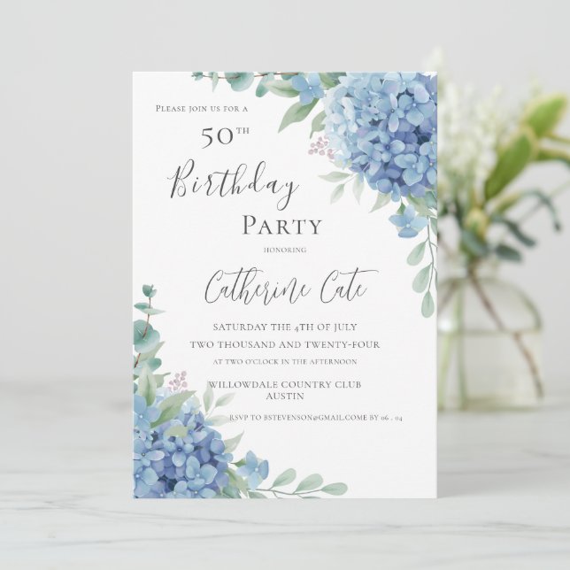 Blue Hydrangea Floral Elegant 50th Birthday Inbjudningar (Stående Fram)