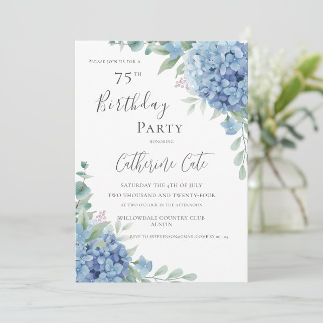 Blue Hydrangea Floral Elegant 75th Birthday Inbjudningar (Stående Fram)