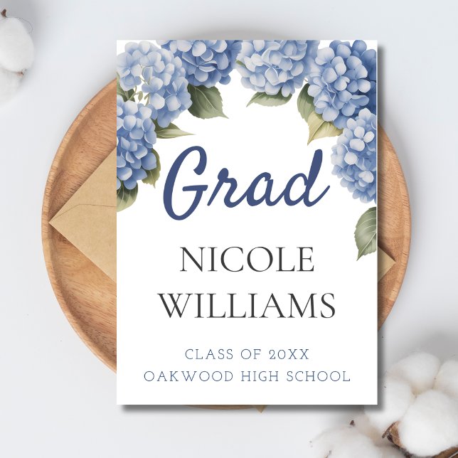 Blue Hydrangea Floral Grad Announcement Card Meddelande (Skapare uppladdad)
