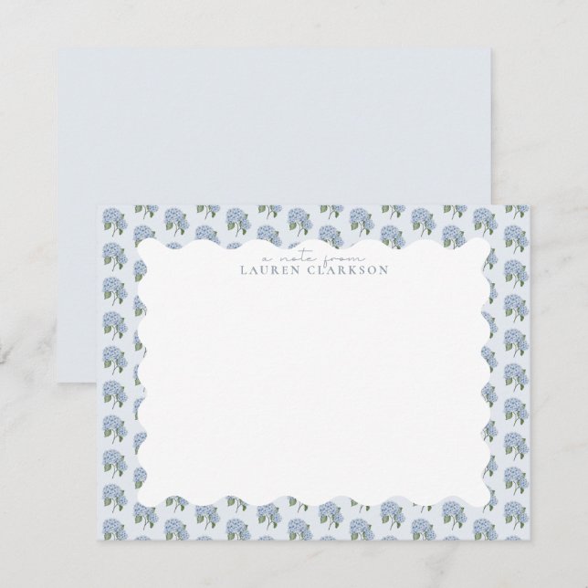 Blue Hydrangea Floral Wavy Border Note Card Anteckningskort (Fram/baksida)