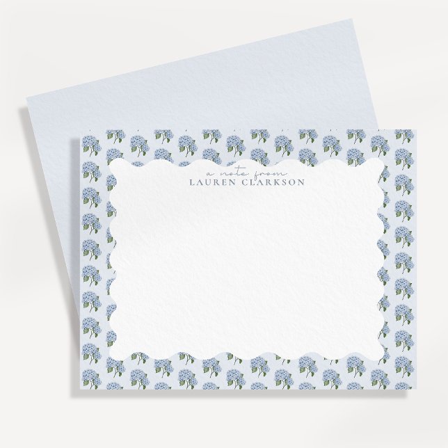 Blue Hydrangea Floral Wavy Border Note Card Anteckningskort (Skapare uppladdad)