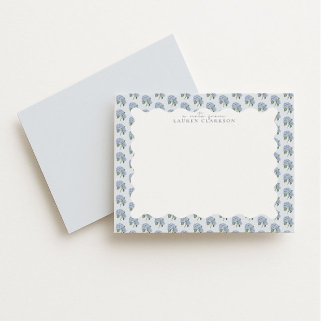 Blue Hydrangea Floral Wavy Border Note Card Anteckningskort (Skapare uppladdad)