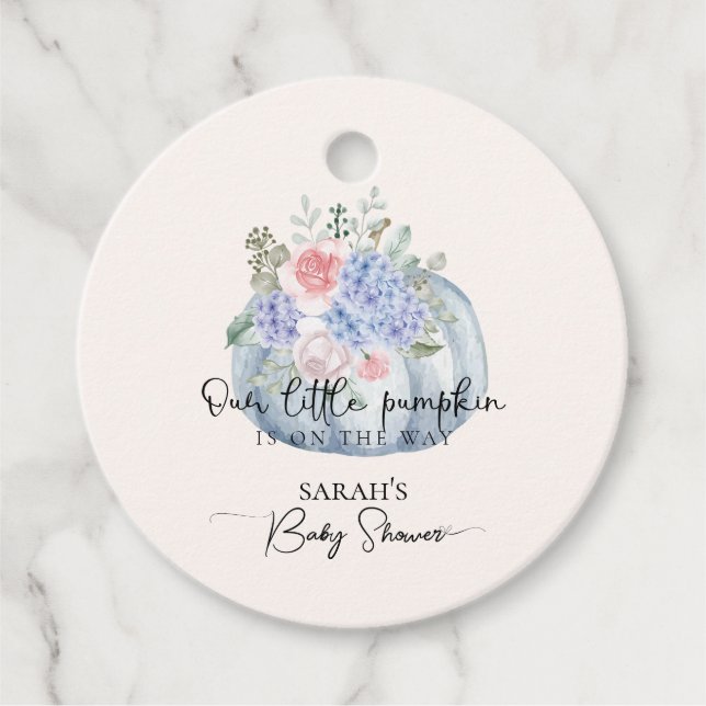 Blue Hydrangea Flower Pumpkin Fall Baby Shower Gåvor Etiketter (Framsida)
