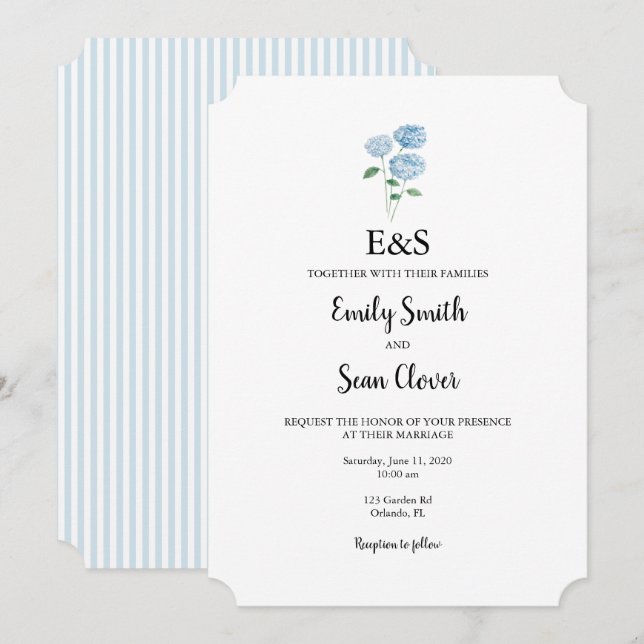 Blue Hydrangea Flower Wedding Monogram Blue Stripe Inbjudningar (Fram/baksida)