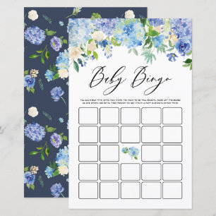 Blue Hydrangea Flowers Baby Shower Bingo Game Card