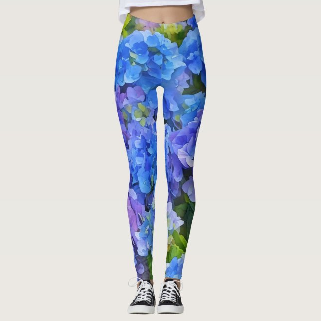 Blue Hydrangea Flowers Blommigt Art Leggings (Framsida)