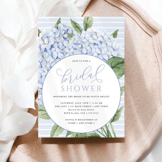 Blue Hydrangea Flowers Circle Ram Möhippa Inbjudningar (Beautiful Blue Hydrangeas and White Watercolor Stripes)