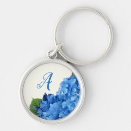 Blue Hydrangea Flowers Monogram Rund Silverfärgad Nyckelring