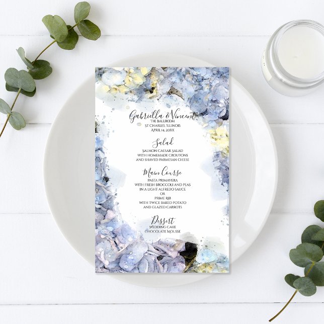 Blue Hydrangea Flowers Watercolor Bröllop Menu (Skapare uppladdad)