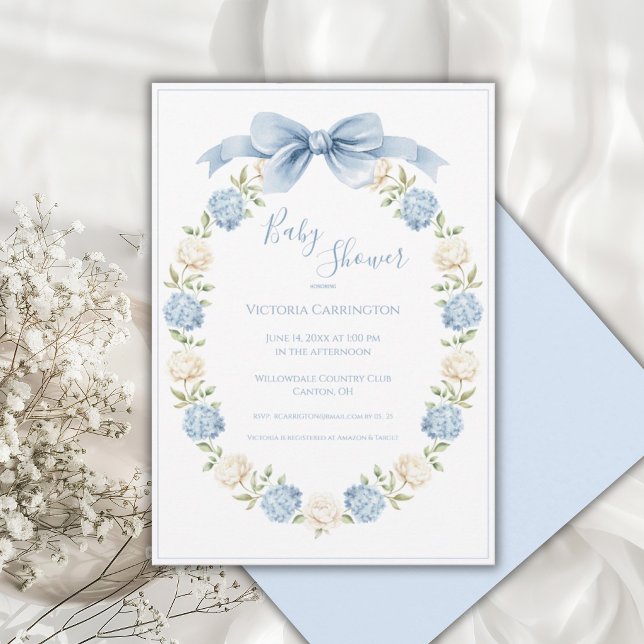 Blue Hydrangea Frame Elegant Bow Baby Shower  Inbjudningar (Skapare uppladdad)