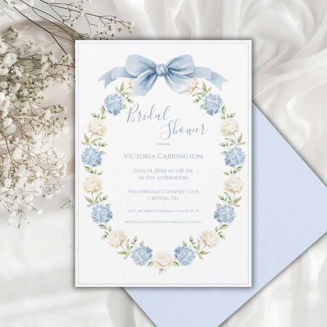 Blue Hydrangea Frame Elegant Bow Bridal Shower  Inbjudningar (Skapare uppladdad)