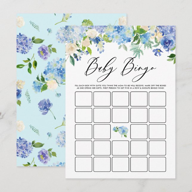 Blue Hydrangea Garland Baby Shower Bingo Game Tilläggskort (Fram/baksida)