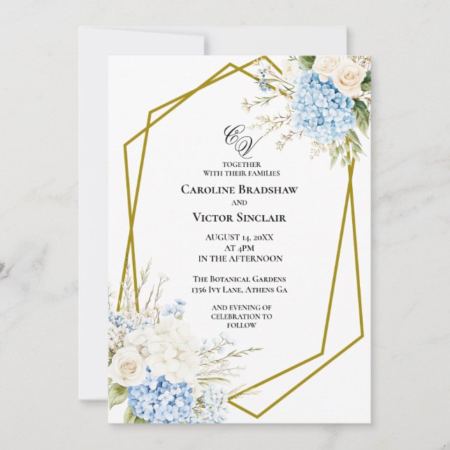 Blue Hydrangea Geometric Wedding Invitation Inbjudningar (Framsida)