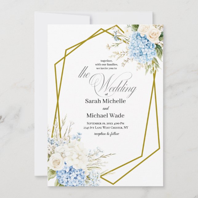 Blue Hydrangea Geometric Wedding Invitation Inbjudningar (Framsida)