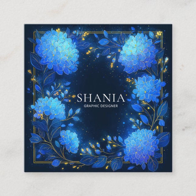 Blue Hydrangea Gold Celestial Frame Midnight Fyrkantigt Visitkort (Framsida)