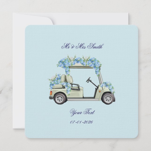 Blue Hydrangea Golf Cart Floral Wedding Invitation Inbjudningar (Framsida)