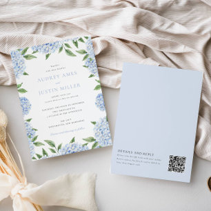 Blue Hydrangea Gräns, QR Code on Back, Bröllop Inbjudningar