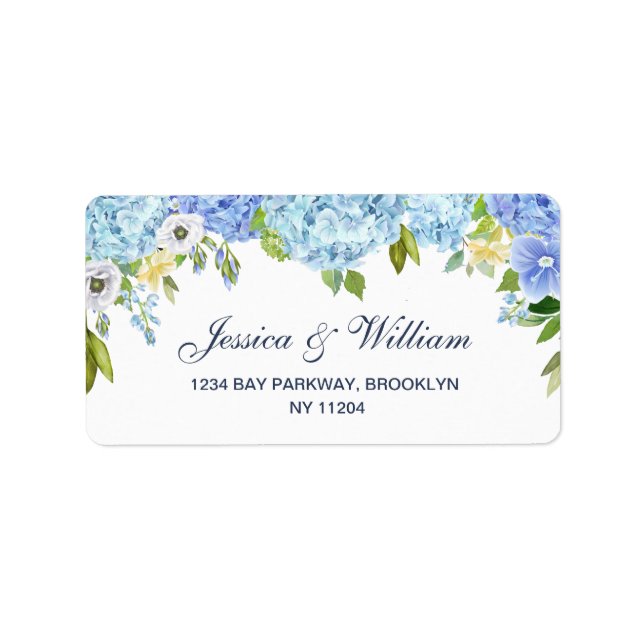 Blue Hydrangea Greenery Blommigt Address Label Adressetikett (Framsidan)