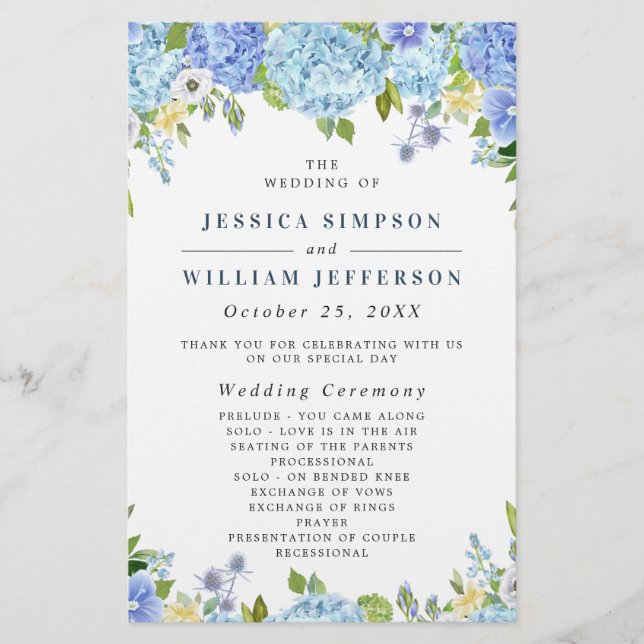 Blue Hydrangea Greenery Bröllop Ceremony Program (Framsida)