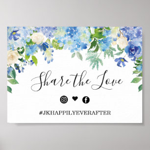 Blue Hydrangea Greenery Bröllop Hashtag Sign Poster