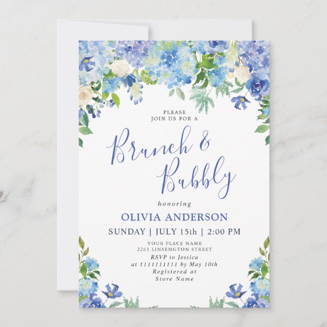Blue Hydrangea Greenery Watercolor Brunch & Bubly Inbjudningar (Framsida)