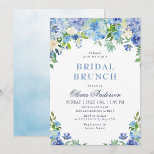 Blue Hydrangea Greenery Watercolor Möhippa Brunch Inbjudningar