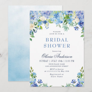 Blue Hydrangea Greenery Watercolor Möhippa Inbjudningar