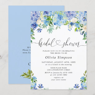 Blue Hydrangea Greenery Watercolor Möhippa Inbjudningar