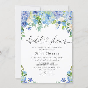 Blue Hydrangea Greenery Watercolor Möhippa Inbjudningar