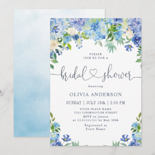 Blue Hydrangea Greenery Watercolor Möhippa Inbjudningar