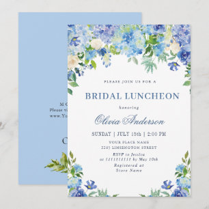 Blue Hydrangea Greenery Watercolor Möhippa Luncheo Inbjudningar