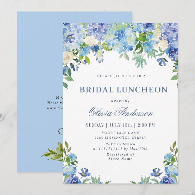Blue Hydrangea Greenery Watercolor Möhippa Luncheo Inbjudningar (Fram/baksida)