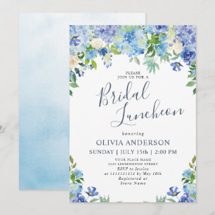 Blue Hydrangea Greenery Watercolor Möhippa Luncheo Inbjudningar
