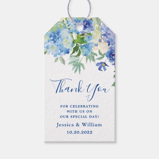 Blue Hydrangea Greenery Wedding Favor Tack Presentetikett (Framsidan)