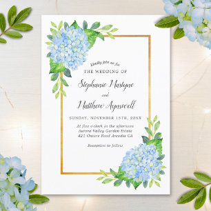 Blue Hydrangea Guld Gräns Watercolor Bröllop Inbjudningar
