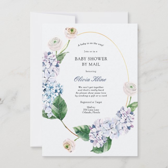 Blue Hydrangea Guld Ram Baby Shower by Mail Inbjudningar (Framsida)
