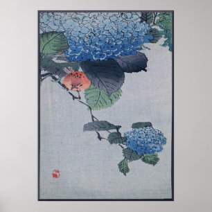 Blue Hydrangea Japansk Woodcut med Bird Poster