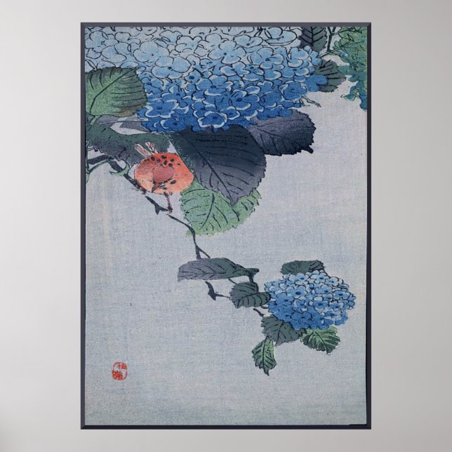 Blue Hydrangea Japansk Woodcut med Bird Poster (Framsidan)