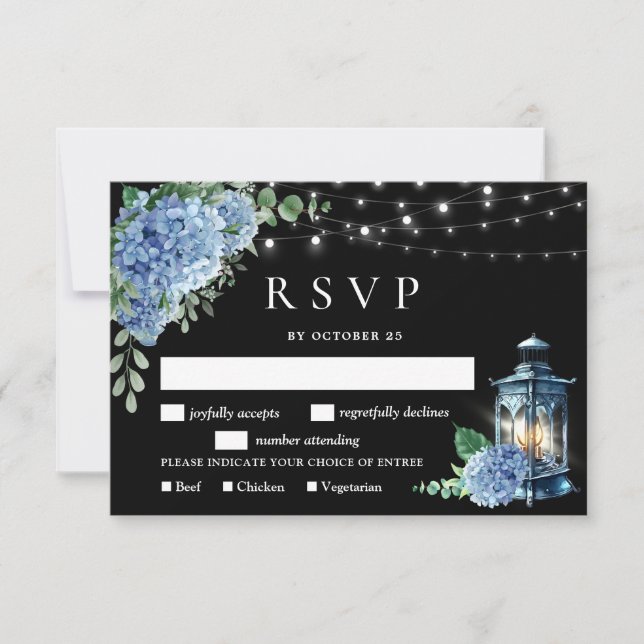 Blue Hydrangea Lantern Black Boho Bröllop OSA Kort (Framsida)