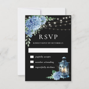 Blue Hydrangea Lantern Black Boho Bröllop OSA Kort