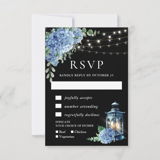 Blue Hydrangea Lantern Black Boho Bröllop OSA Kort (Framsida)