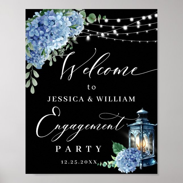 Blue Hydrangea Lantern Black Boho FÖRLOVNINGSFEST Poster (Framsidan)