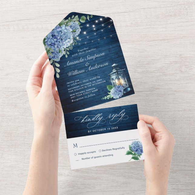 Blue Hydrangea Lantern Navy Wood Bröllop (Tearaway)