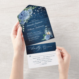 Blue Hydrangea Lantern Navy Wood Bröllop