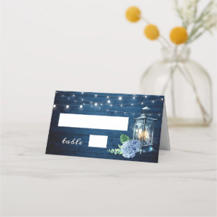 Blue Hydrangea Lantern Navy Wood Bröllop Bord Placeringskort