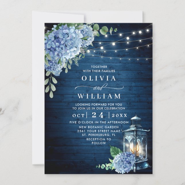 Blue Hydrangea Lantern Navy Wood Bröllop Inbjudningar (Framsida)