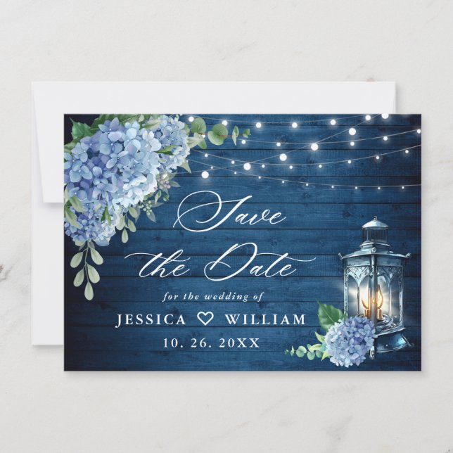 Blue Hydrangea Lantern Navy Wood Bröllop Spara Datumet (Framsida)