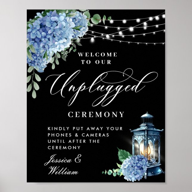 Blue Hydrangea Lantern Unplugged Bröllop Ceremony Poster (Framsidan)
