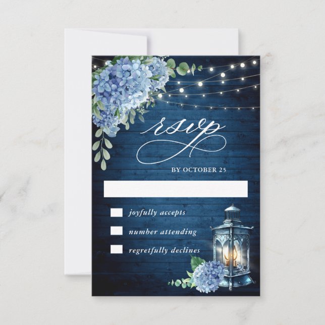 Blue Hydrangea Lantern Wood Bröllop Rustic OSA Kort (Framsida)